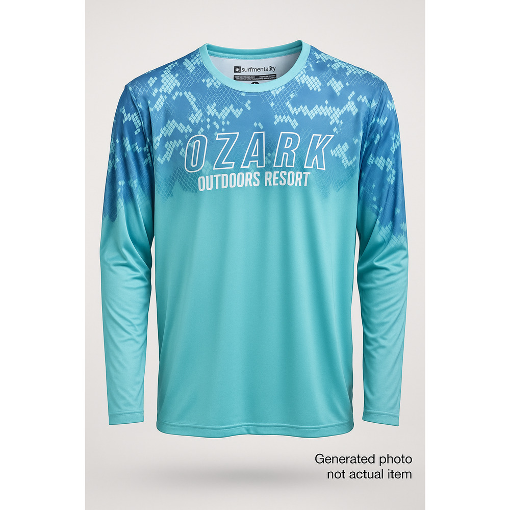Surfmentality Ozark Outdoors Resort Fishing Sun Shirt Tee Blue Gradient XXL